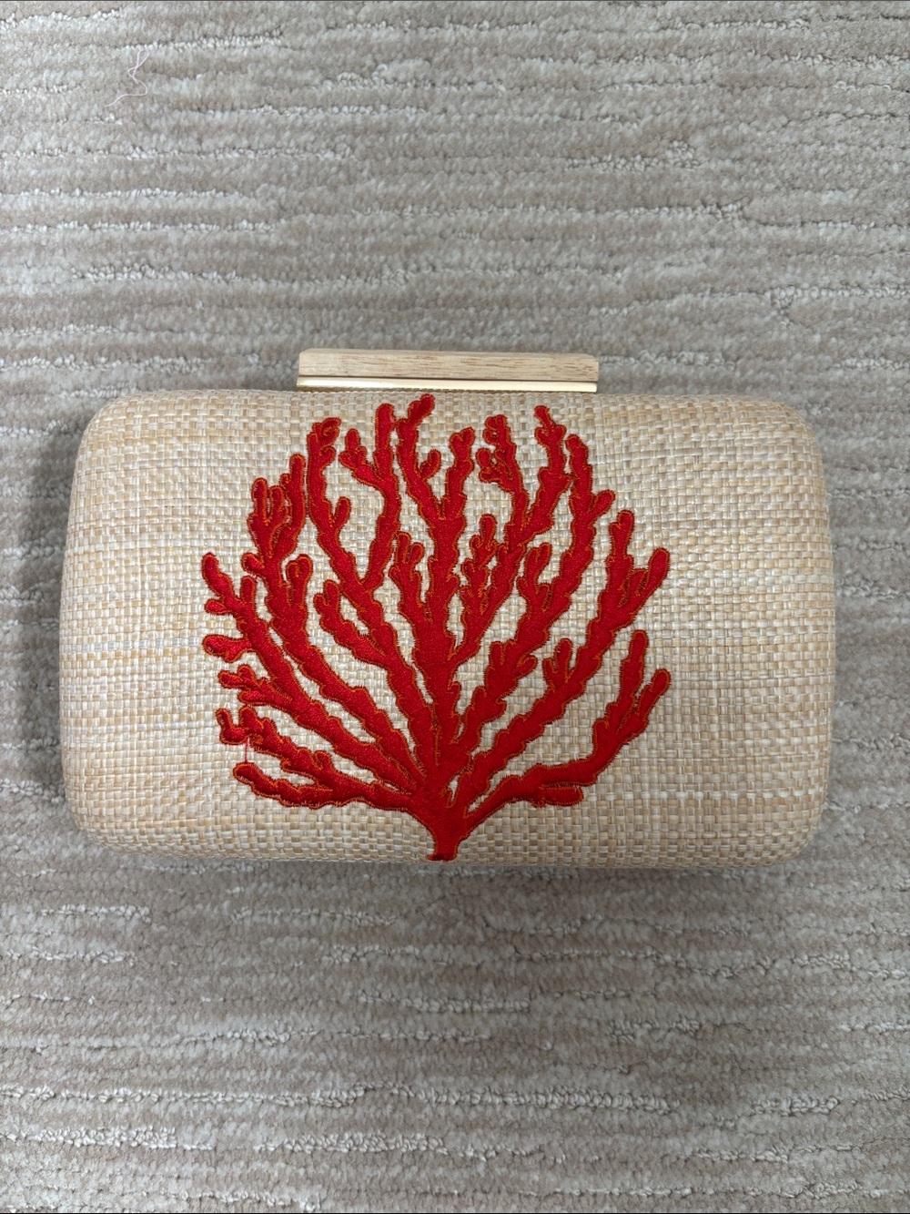 Shiraleah Natural Straw Clutch with Red Coral Embroidery